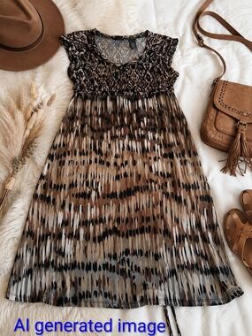 Axcess Boho Abstract Ikat Print Babydoll Tunic Dress Size M Flowy Neutral
